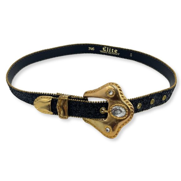 Vintage Accessories - ELITE Vintage Black Glitter & Gold Metal 80s/90s Style Statement Belt Size Small
